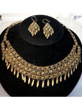 Archival Gilded Afghan Kuchi Tribal Set - Turquoise Chainmail Bib & Earrings